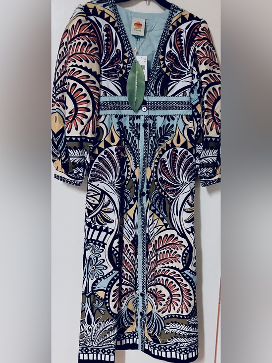 FARM Rio Dresses & Skirts - FARM Rio Warm Blue /Tan Multi Long Volume Sleeve Maxi Dress: Small